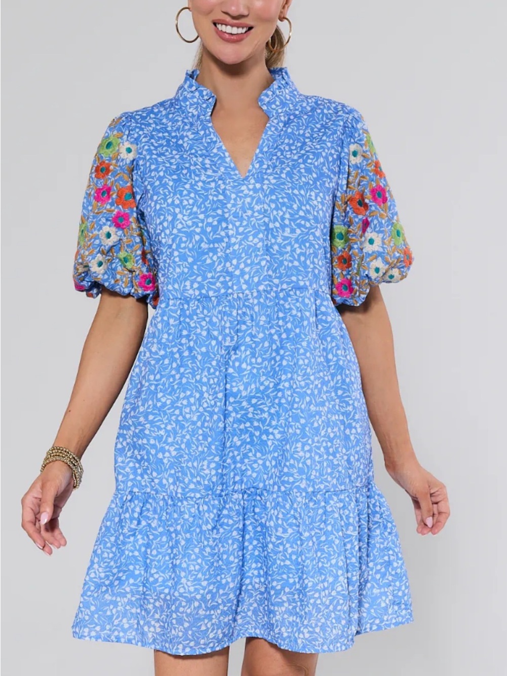 THML Blue Floral Mini Dress with Embroidered Puff Sleeves
